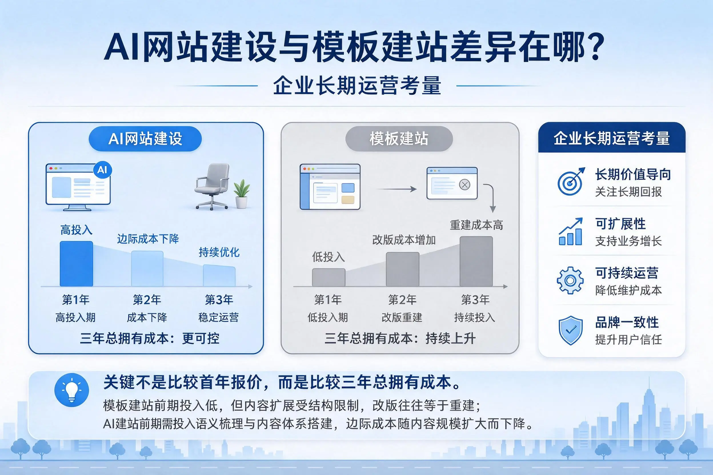 AI网站建设与模板建站差异在哪?衢州企业长期运营考量